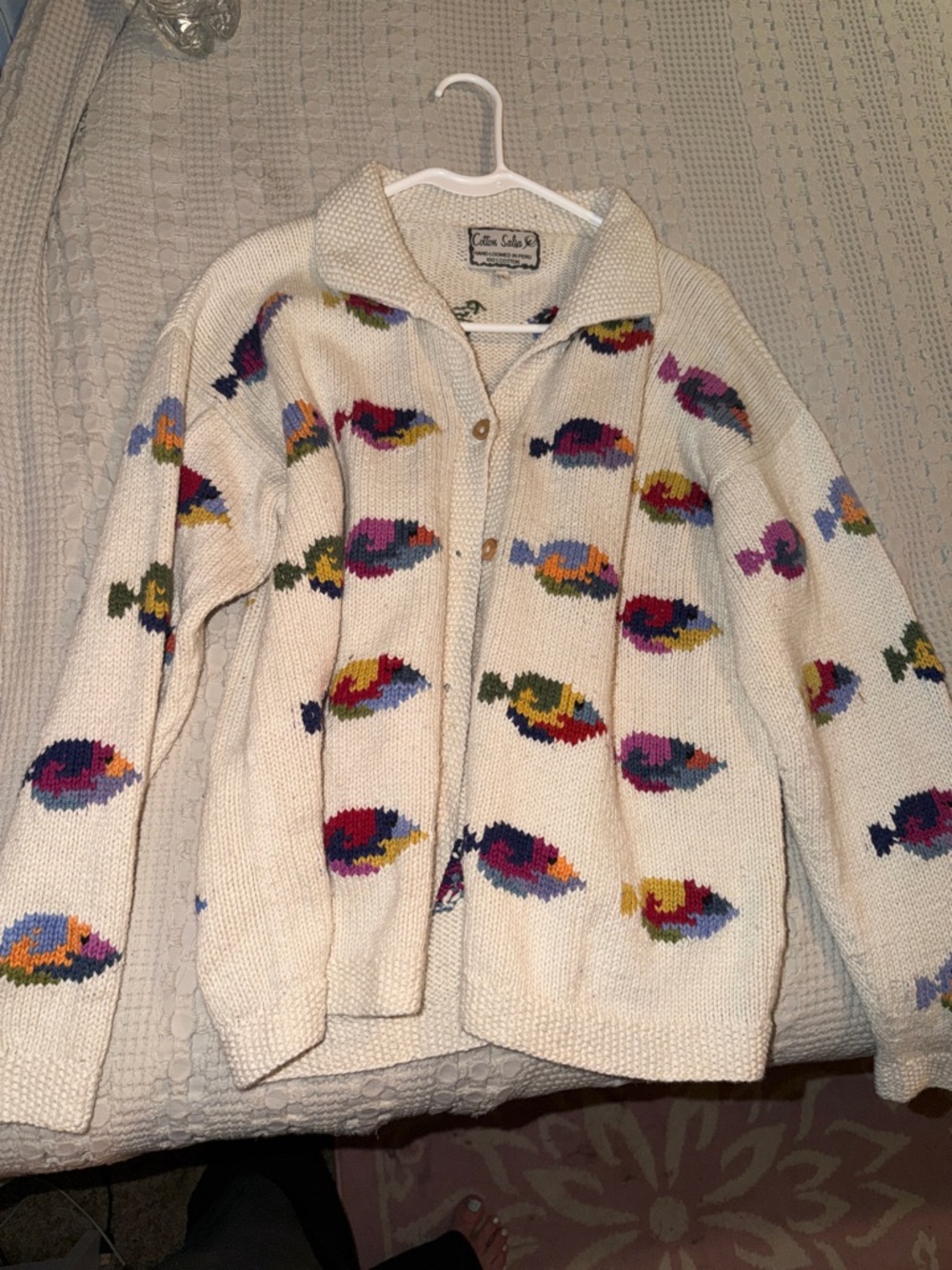 Cotton Salsa Multicolor Fish hand loomed in Peru 100% Cotton Cardigan Sweater